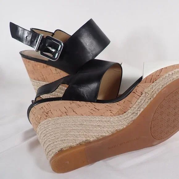 Antonio Melani Woman's 9M Leather Black and White Cork/Jute Wedge sandals - Picture 8 of 9